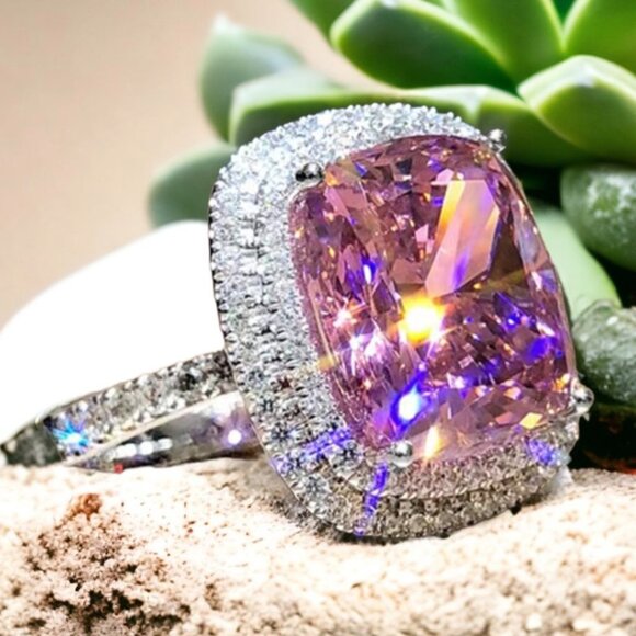 SILVER DIAMOND ROUND SQUARE BRIDAL RING - Picture 3 of 3